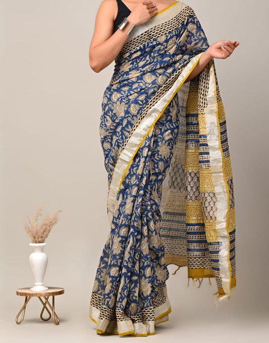 Yellow and Blue Printed Saree