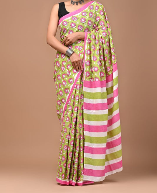 Pink & Green Saree