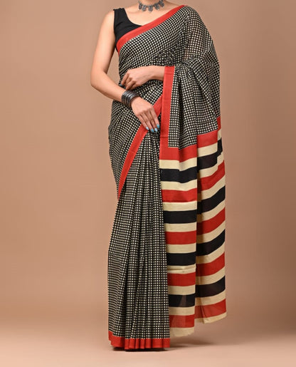 Brick Red & Black Saree