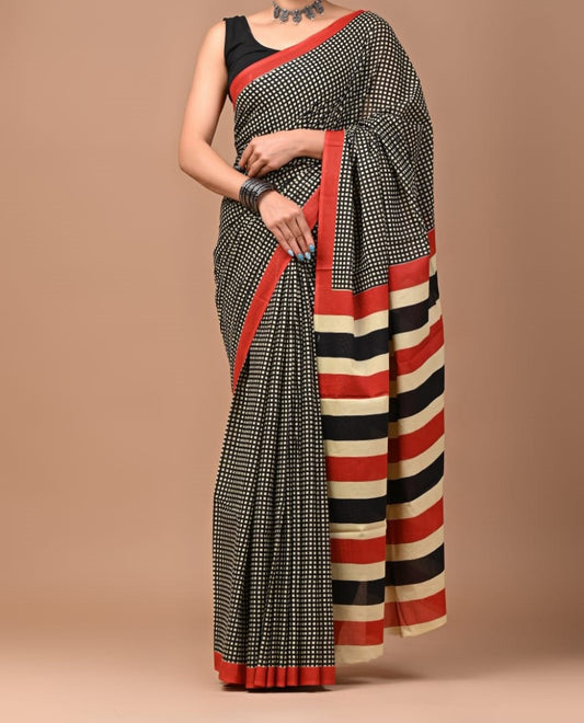 Brick Red & Black Saree