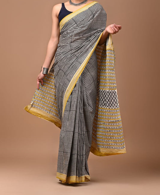 Yellow and black printed saree