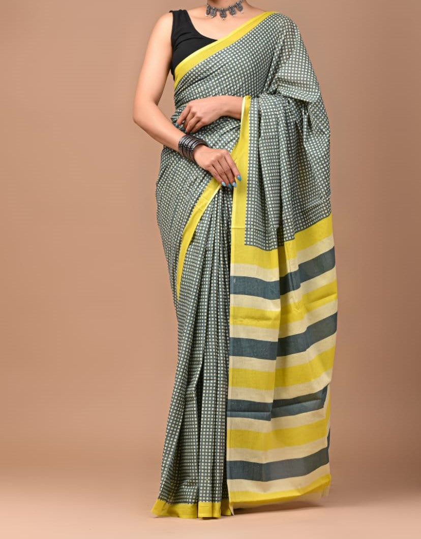 Dazing Grey & Yellow Mulmul Saree